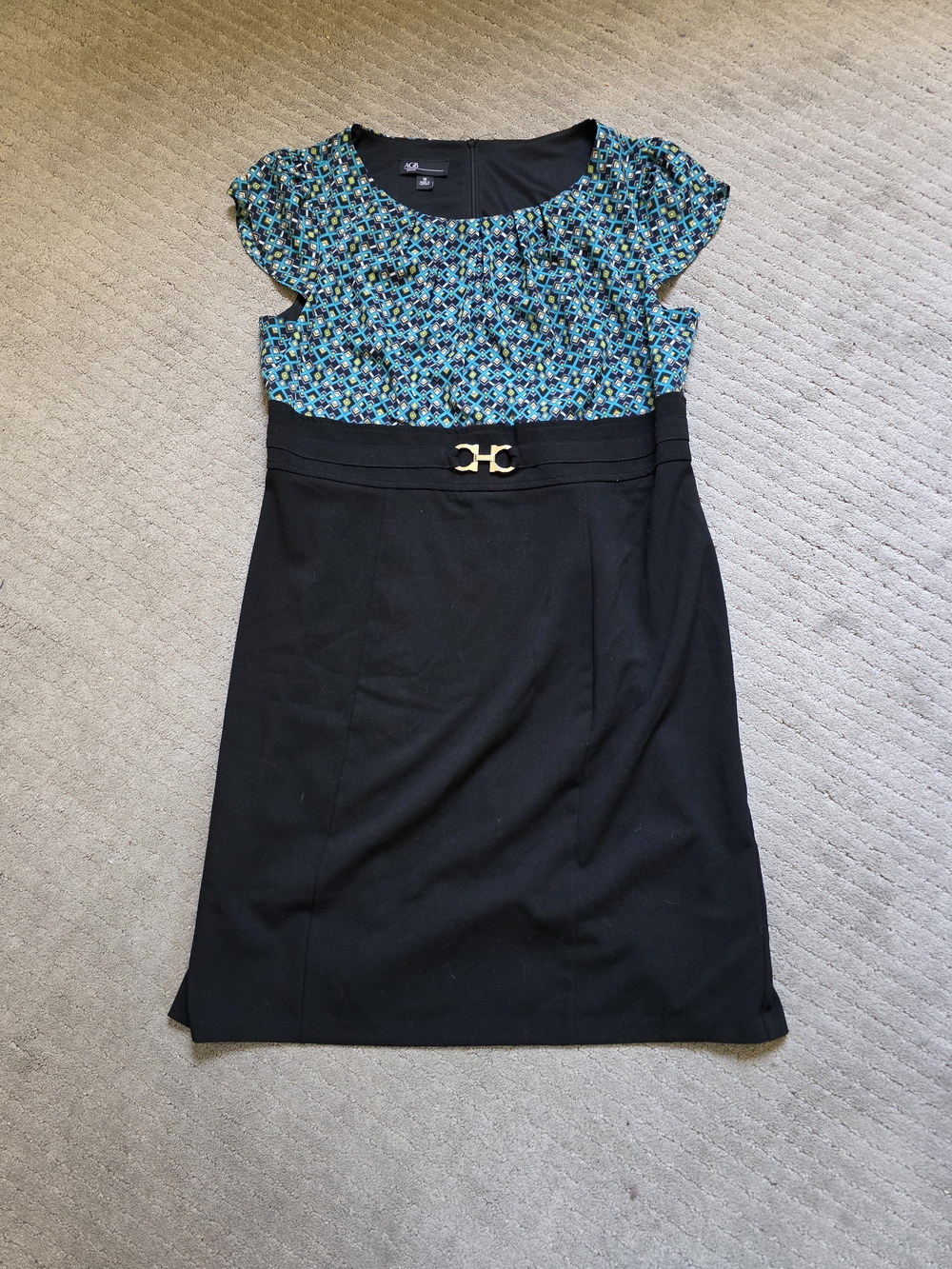 Black and Teal Asymmetrical Women's Dress with Patterned Bodice